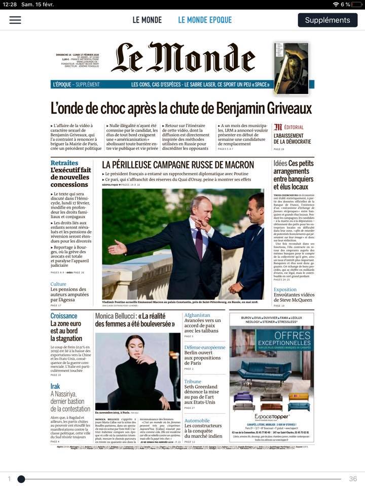 Le Monde — Une, 16 février 2020